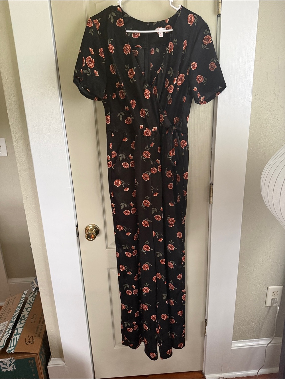 Floral Wrap Jumpsuit - Black with Rose Print